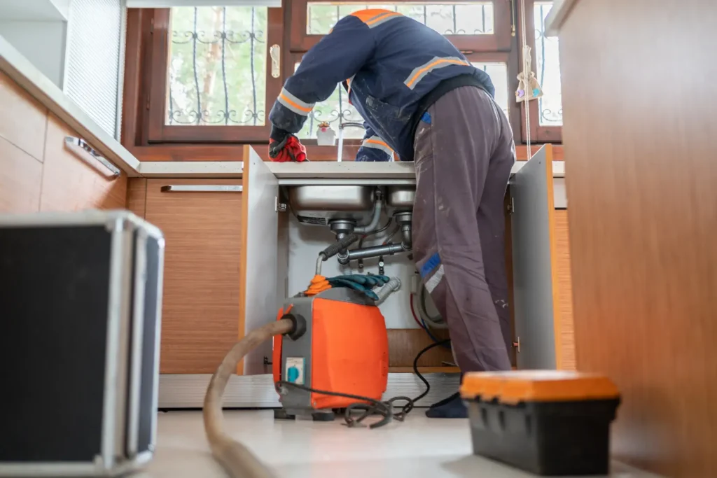 Plumber repairing kitchen sink plumbing with tools and equipment, including vacuum machine and toolbox