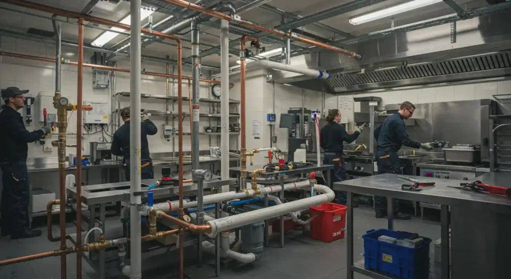 A busy industrial kitchen with workers adjusting equipment, featuring pipes, metal surfaces, and cooking appliances.