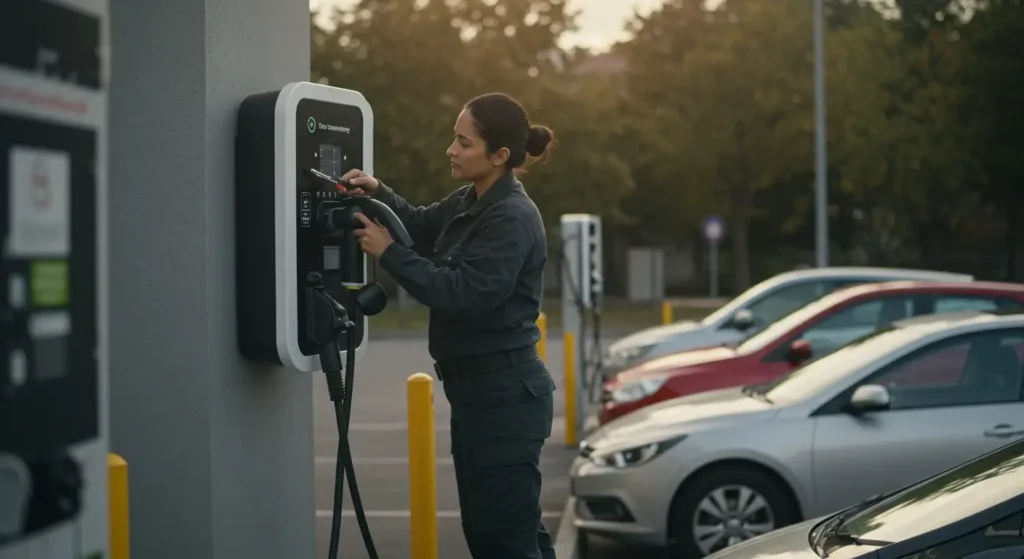 A woman with dark hair pulled back in a bun is standing next to an EV charging station, appearing to interact with it. She is wearing a dark grey or black long-sleeved shirt and matching pants. Her right hand is near the charging port, possibly holding a connector, while her left hand is near the screen of the charging unit.