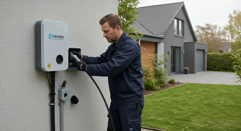 Man installing an EV charger outside home.