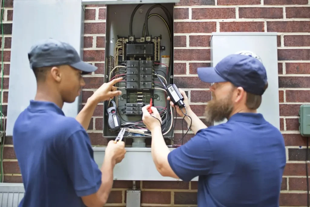 Two electrical technicians wearing blue shirt and cap is repairing a electrical panel box