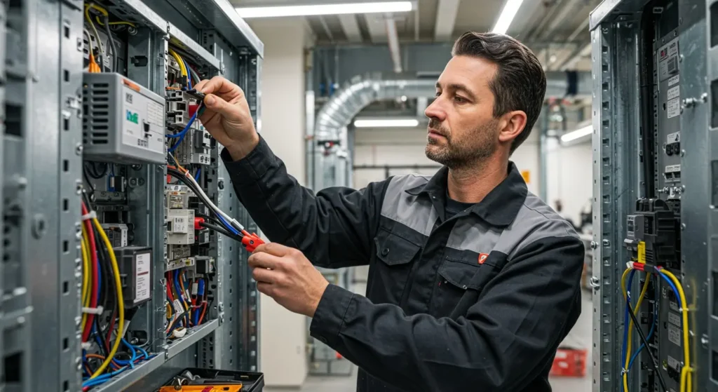 A male electrician with a beard, wearing a black and gray uniform, is focused on connecting colorful wires inside an electrical panel.