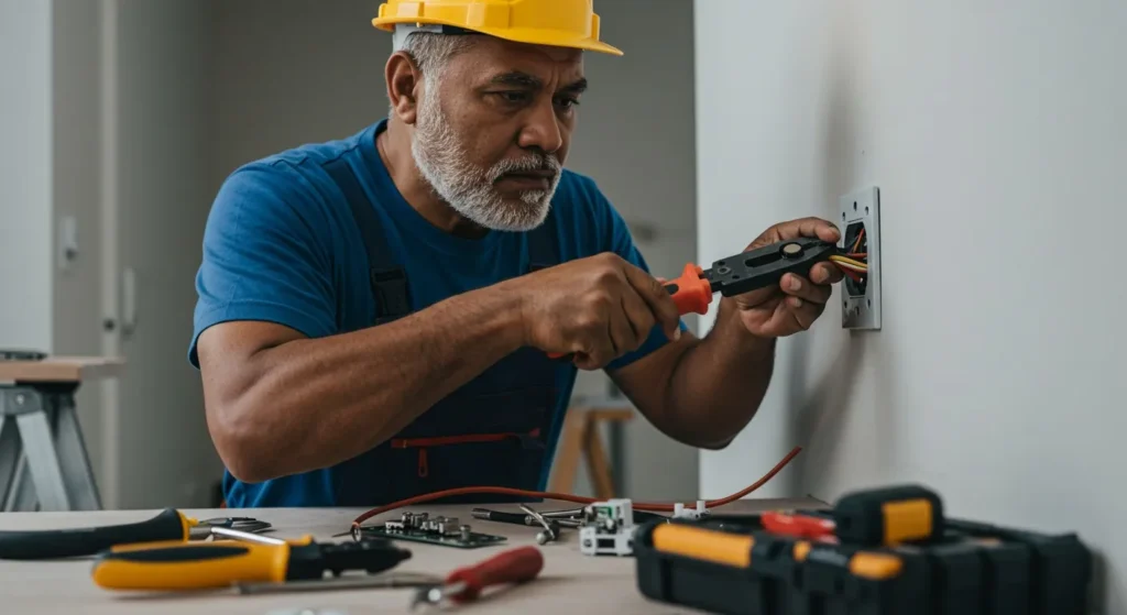 Electrician working on an electrical outlet.