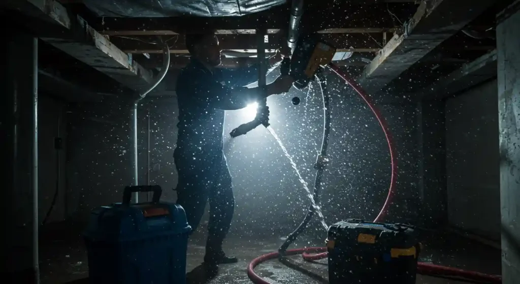 A worker operating a powerful water extraction tool in a dimly lit basement, surrounded by flying water droplets and equipment.
