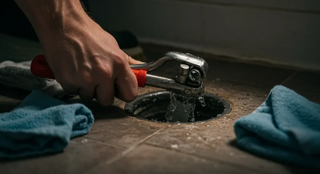 A hand uses a wrench to repair a leaking pipe at a floor drain, with blue towels nearby to absorb water.