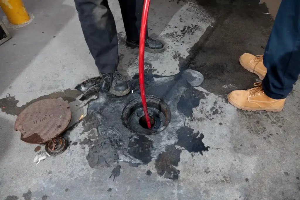 A close shot of two plumber doing hydro jetting with a pipe