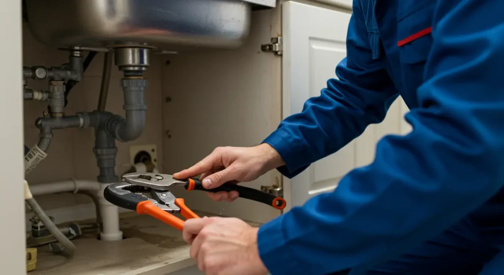 A plumber wearing a blue uniform repairs pipes under a kitchen sink using pliers, focusing on the plumbing details.