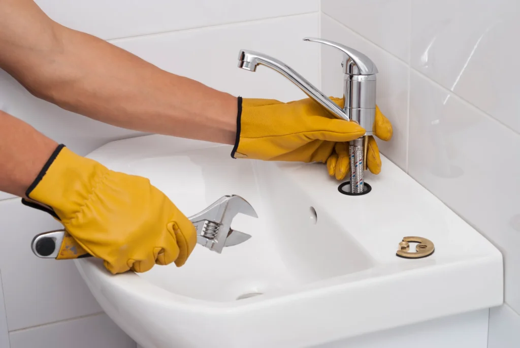 Person in yellow gloves tightening faucet on white sink with wrench