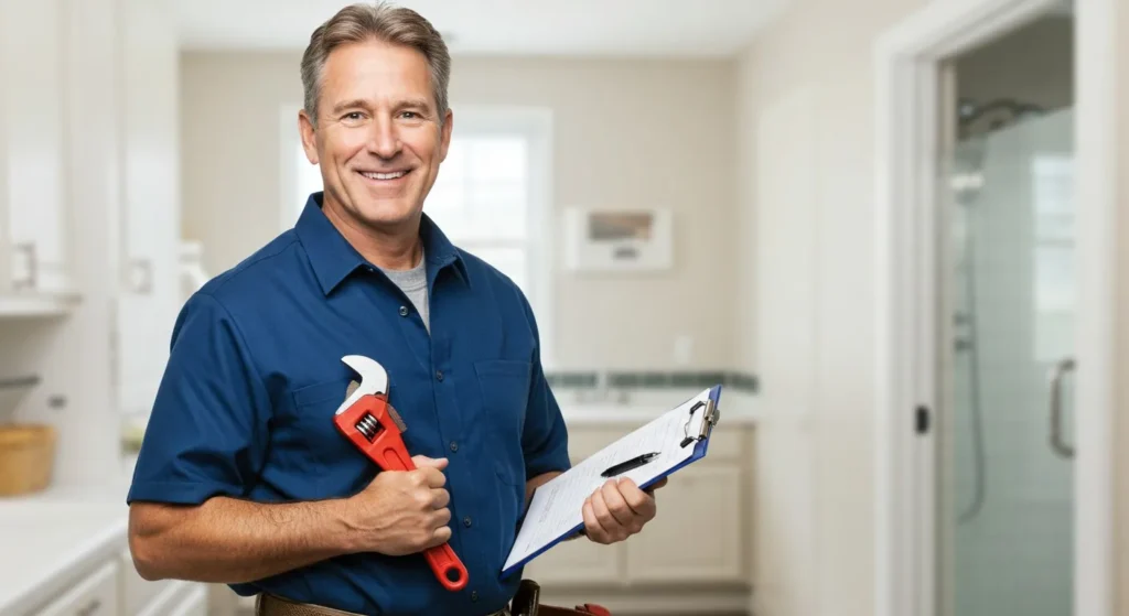 Smiling plumber with wrench and clipboard.