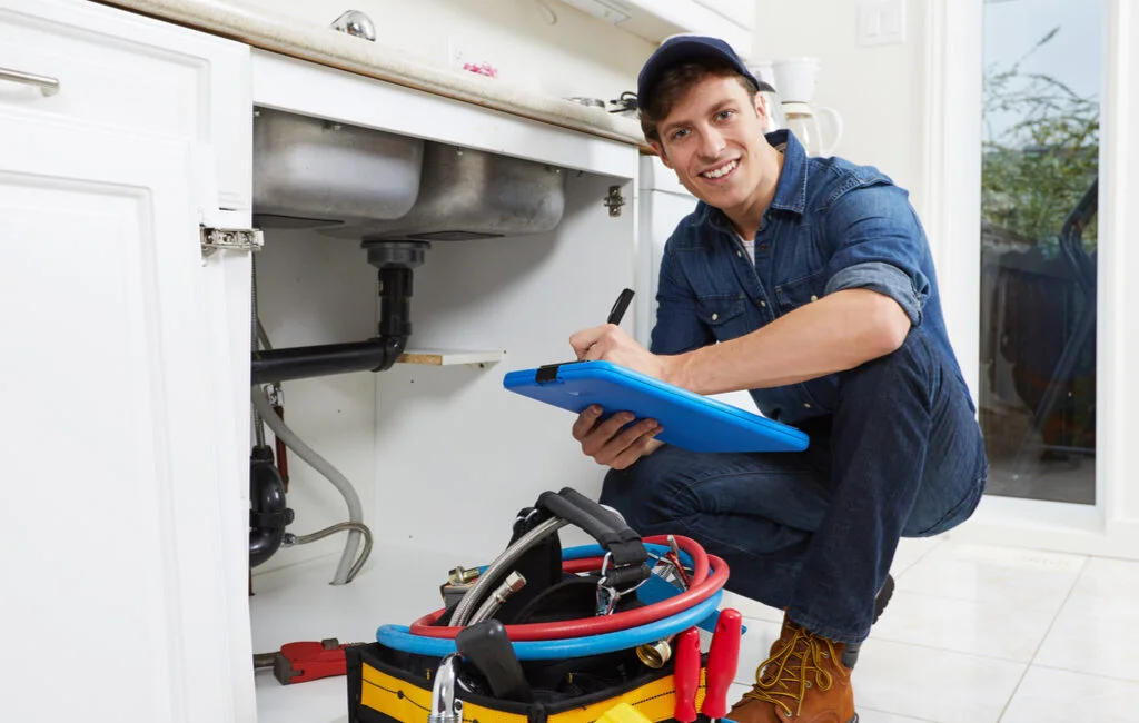Smiling plumber inspecting sink pipes and writing.