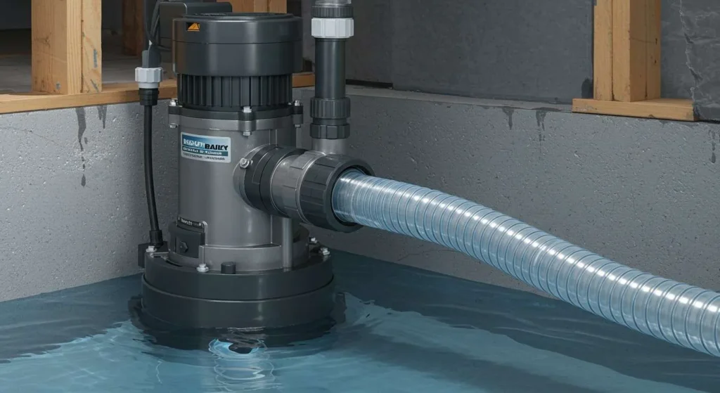 A submersible sump pump sits in water, connected to a clear hose for water drainage, inside a basement with gray walls.