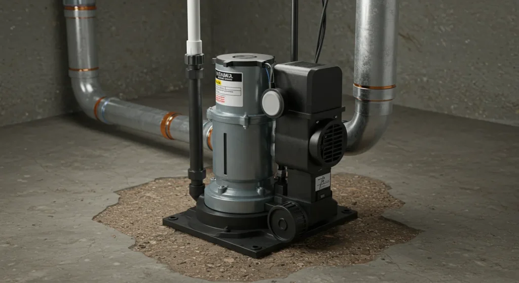 Sump pump on concrete floor with water.