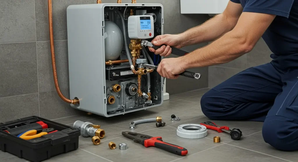 A close-up of a technician in blue pants kneeling and using a wrench to repair a wall-mounted tankless water heater, with various tools and components scattered on the tiled floor.