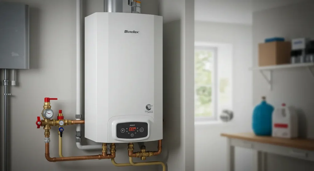 A modern white water heater mounted on a wall, featuring gauges and pipes, in a well-lit utility room with a window.