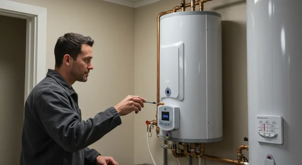 A technician examines a water heater's control panel while adjusting its settings, surrounded by copper piping and tools.