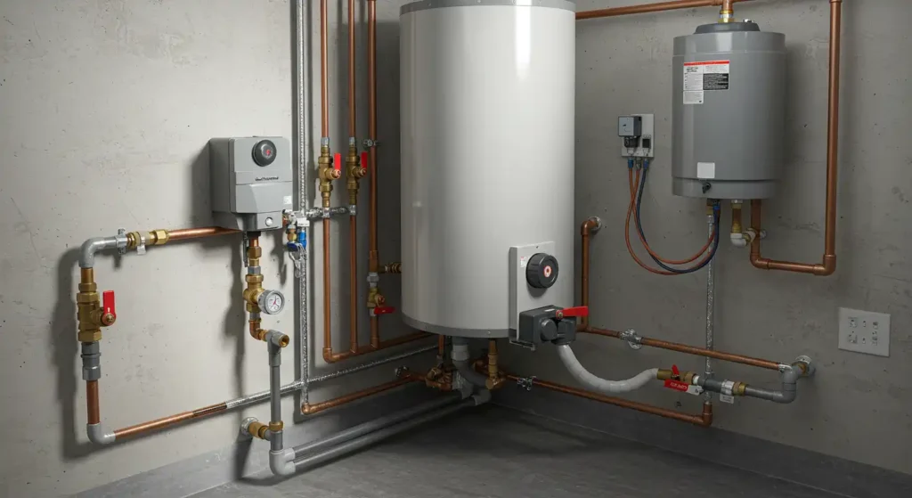 A well-organized plumbing system featuring a water heater, pipes, and valves on a concrete wall in a modern setting.