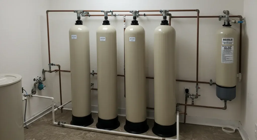 A row of four tall beige water filtration tanks connected by copper piping, situated in a utility room with a porcelain tank on the left.
