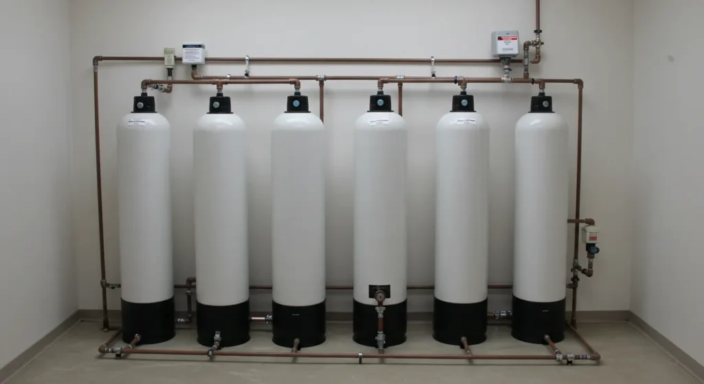 A wide shot shows six large, white cylindrical tanks with black bases, neatly arranged in a row against a light-colored wall. They are interconnected by an intricate network of copper pipes and fittings, both above and below the tanks.