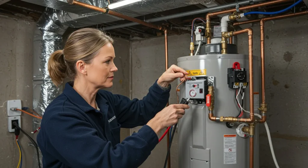 Woman technician working on a water heater.