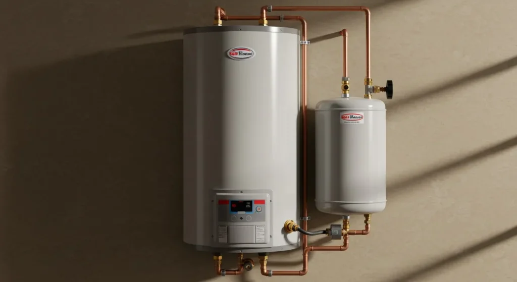 A gray conventional water heater and a smaller gray expansion tank are mounted on a beige wall, connected by copper pipes and valves.