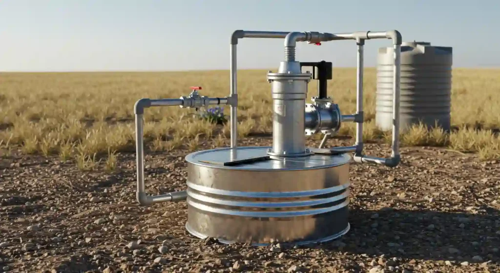 Metal water pump system with pipes and a storage tank on a rocky field, surrounded by tall grass under a clear blue sky.