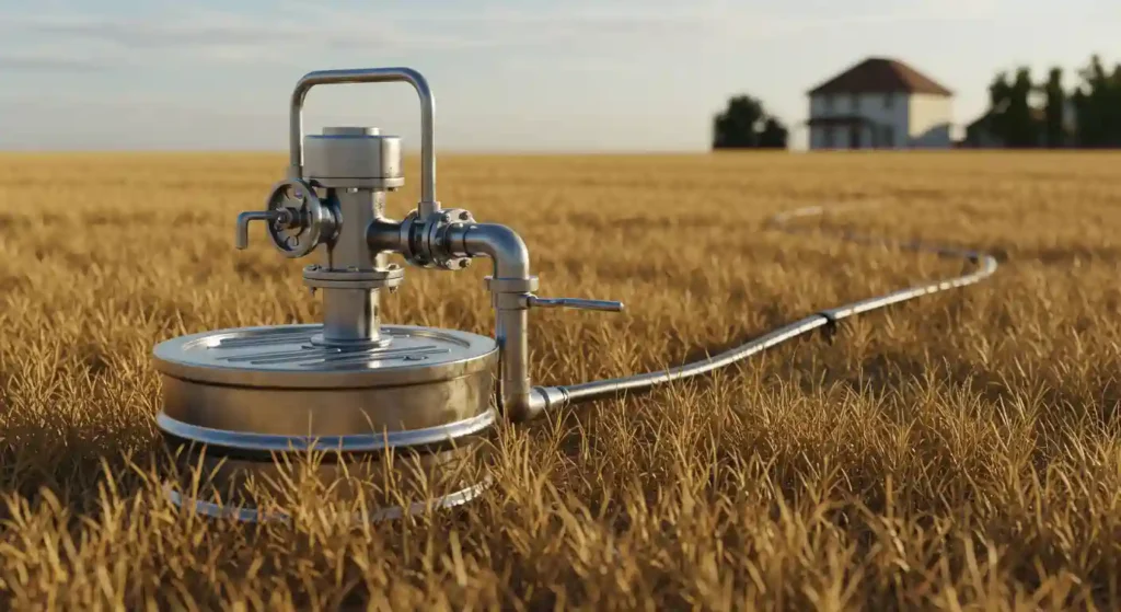 Well Pump in West Chester, PA 1 A shiny, silver-toned well pump system is centrally placed in a field of dry, golden-brown grass. The pump consists of a cylindrical base with a textured lid, from which a vertical pipe extends upwards, topped with various valves, gauges, and a handle.