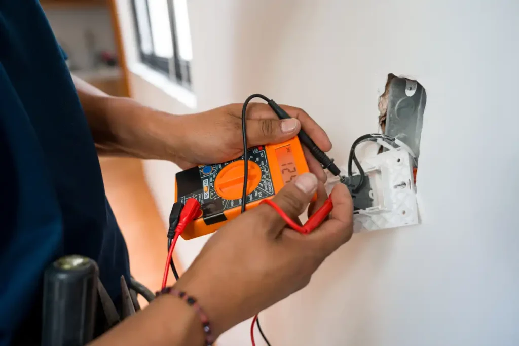 Electrician In Phoenixville, PA 1 A person's hands use an orange multimeter to test an electrical outlet that is partially removed from a white wall.