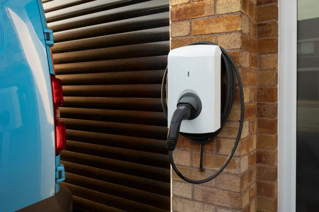 A close-up of the rear of a blue electric vehicle parked next to a white electric car charger mounted on a brick wall.