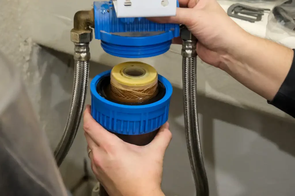 A person's hands are shown replacing a dirty, yellow water filter cartridge inside a blue housing connected to two metal pipes.